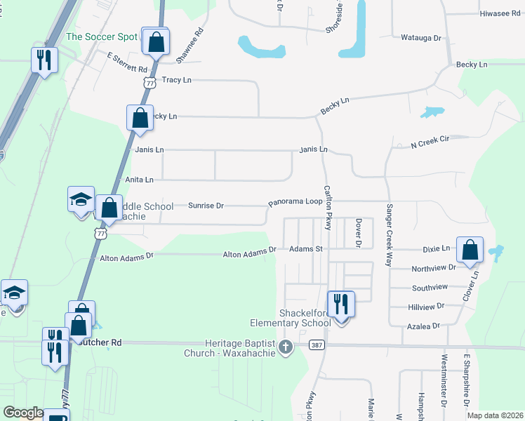 map of restaurants, bars, coffee shops, grocery stores, and more near 608 Sunrise Drive in Waxahachie