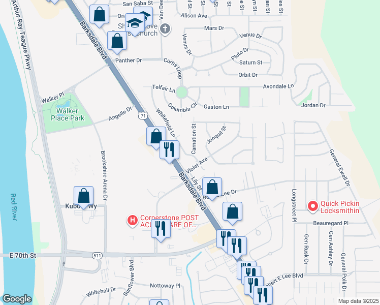 map of restaurants, bars, coffee shops, grocery stores, and more near 5325 Carnation Street in Bossier City