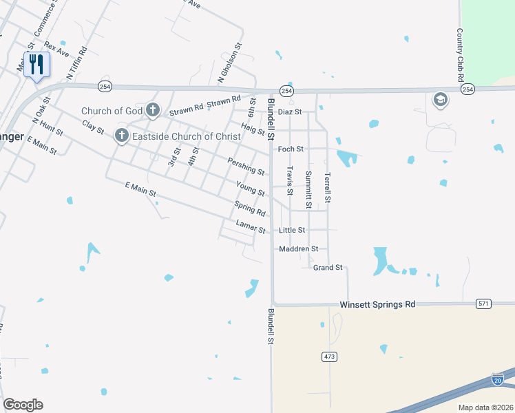 map of restaurants, bars, coffee shops, grocery stores, and more near 1204 Spring Road in Ranger