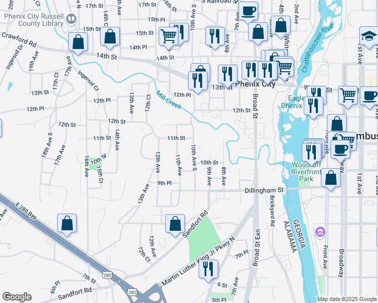 map of restaurants, bars, coffee shops, grocery stores, and more near 1007 10th Avenue South in Phenix City