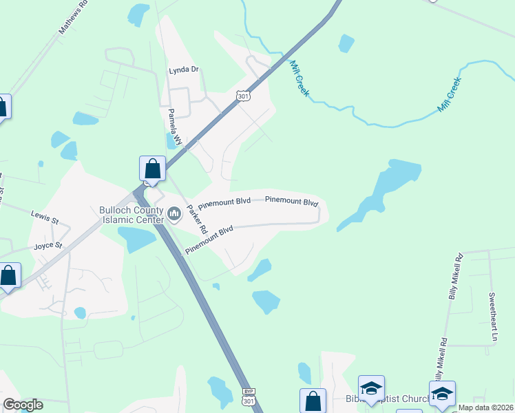 map of restaurants, bars, coffee shops, grocery stores, and more near 2055 Pinemount Boulevard in Statesboro