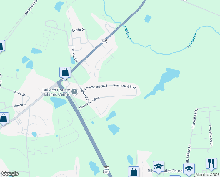 map of restaurants, bars, coffee shops, grocery stores, and more near 2055 Pinemount Boulevard in Statesboro
