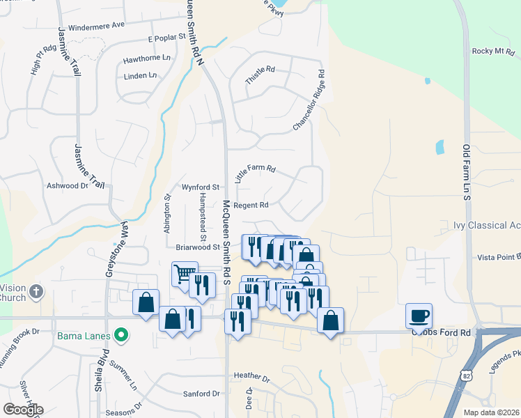 map of restaurants, bars, coffee shops, grocery stores, and more near 1914-1916 Regent Road in Prattville