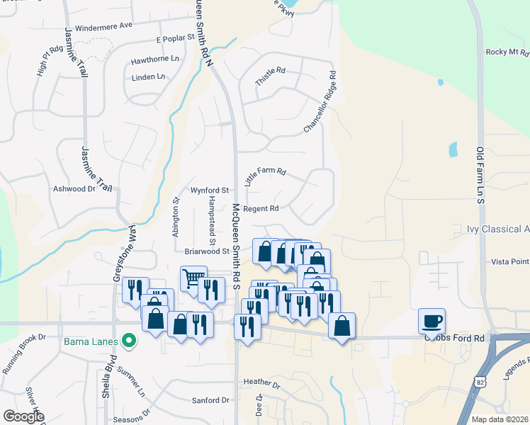 map of restaurants, bars, coffee shops, grocery stores, and more near 1916 Regent Road in Prattville
