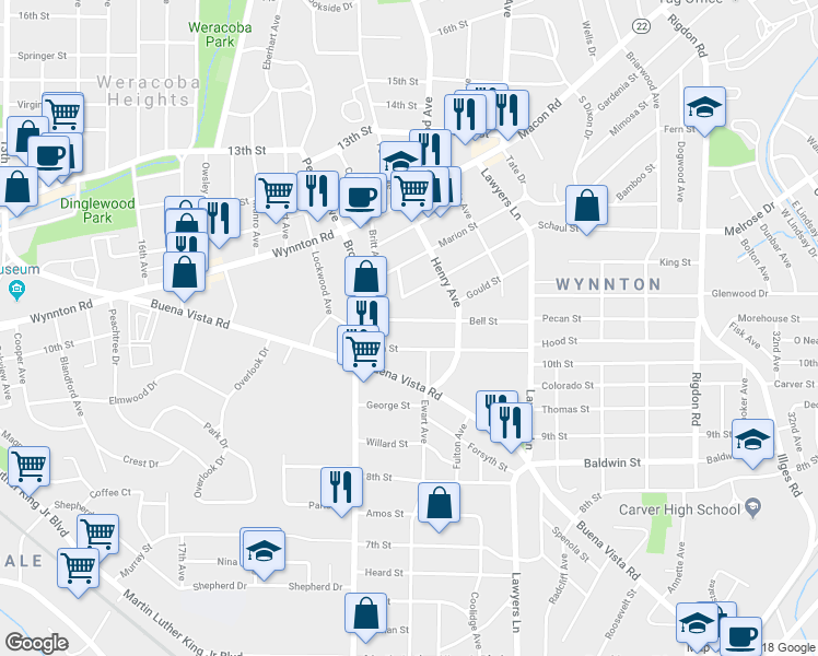 map of restaurants, bars, coffee shops, grocery stores, and more near 2220 Bell St in Columbus