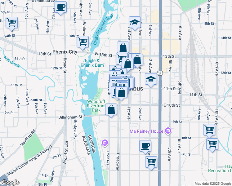 map of restaurants, bars, coffee shops, grocery stores, and more near 1030 Broadway in Columbus
