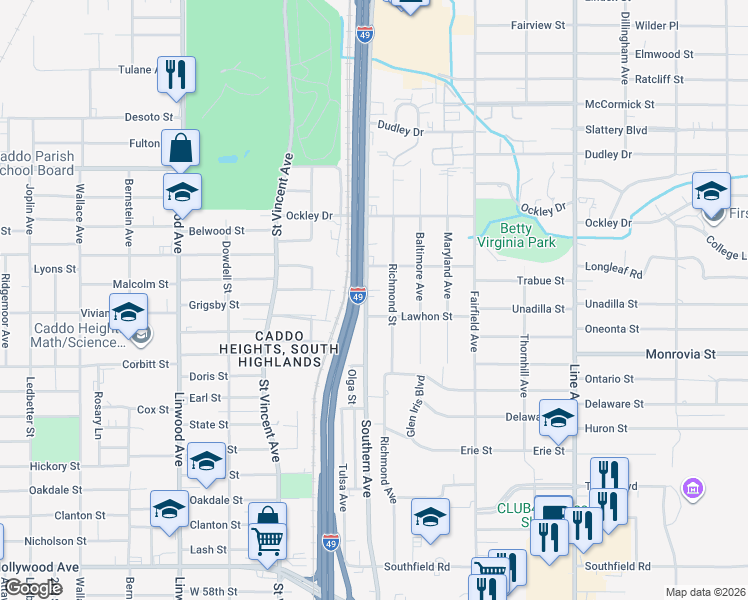 map of restaurants, bars, coffee shops, grocery stores, and more near 4041 Southern Avenue in Shreveport