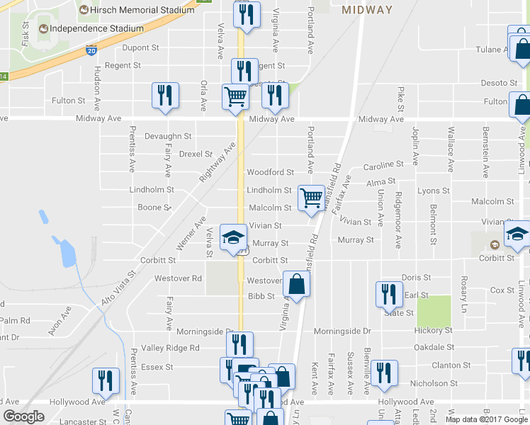 map of restaurants, bars, coffee shops, grocery stores, and more near 2607 Malcolm St in Shreveport