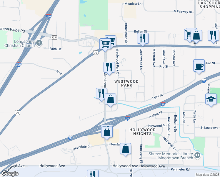 map of restaurants, bars, coffee shops, grocery stores, and more near 4815 Monkhouse Drive in Shreveport
