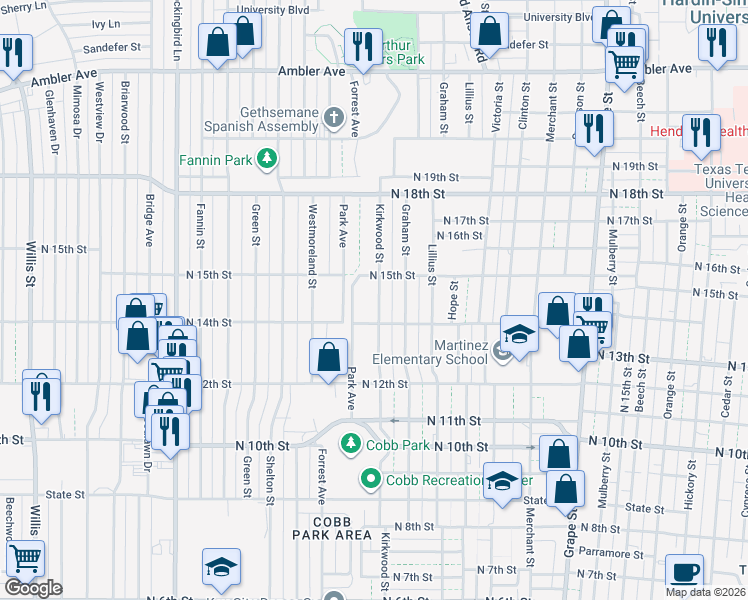 map of restaurants, bars, coffee shops, grocery stores, and more near 1433 Park Avenue in Abilene