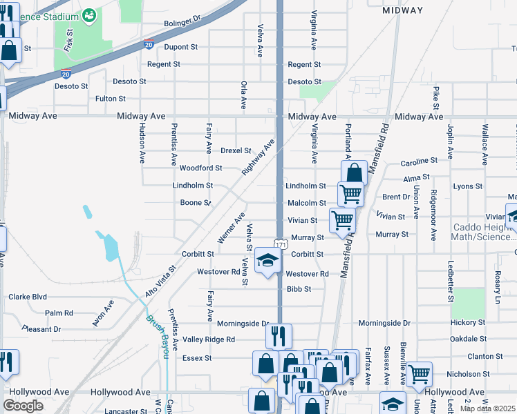 map of restaurants, bars, coffee shops, grocery stores, and more near 2735 Malcolm Street in Shreveport