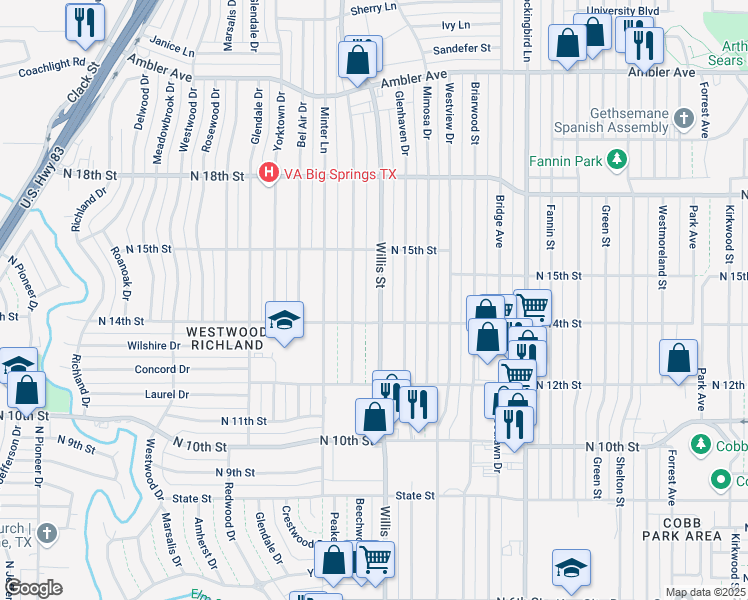 map of restaurants, bars, coffee shops, grocery stores, and more near 1420 North Willis Street in Abilene