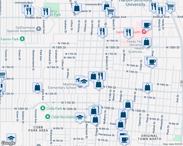 map of restaurants, bars, coffee shops, grocery stores, and more near 1426 Merchant Street in Abilene