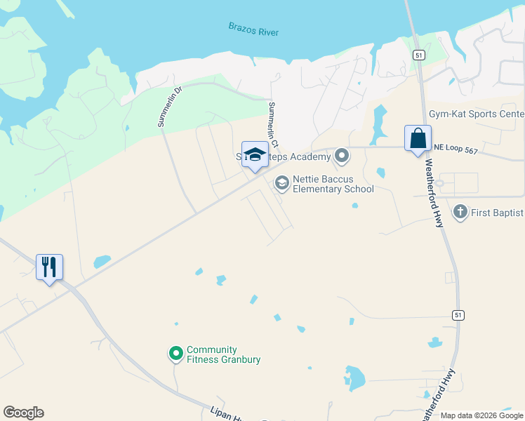 map of restaurants, bars, coffee shops, grocery stores, and more near 1101 Loop 567 in Granbury