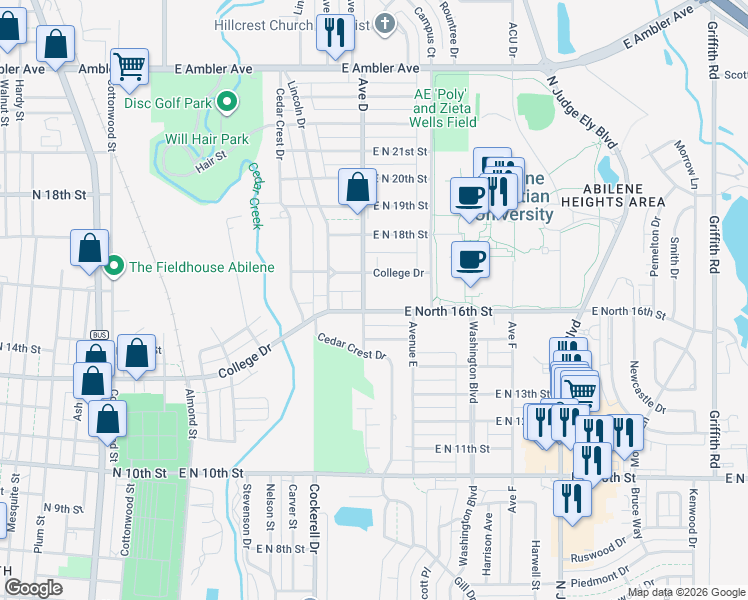 map of restaurants, bars, coffee shops, grocery stores, and more near 604 East North 16th Street in Abilene