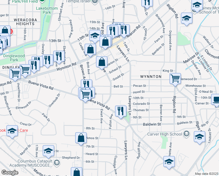 map of restaurants, bars, coffee shops, grocery stores, and more near 2330 Bell Street in Columbus