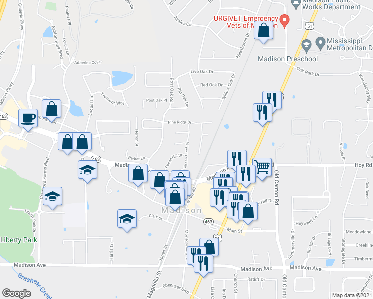map of restaurants, bars, coffee shops, grocery stores, and more near 286 Pecan Creek Drive in Madison