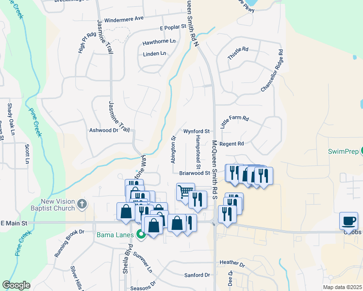 map of restaurants, bars, coffee shops, grocery stores, and more near 306 Cambridge Street in Prattville
