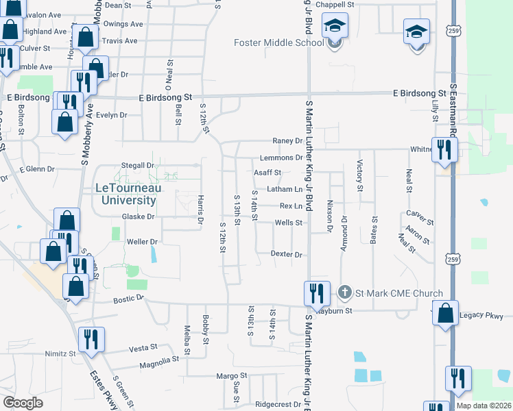 map of restaurants, bars, coffee shops, grocery stores, and more near 1104 Rex Lane in Longview