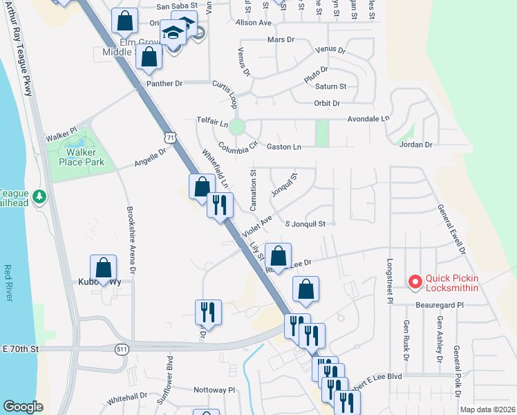 map of restaurants, bars, coffee shops, grocery stores, and more near 5325 Carnation Street in Bossier City