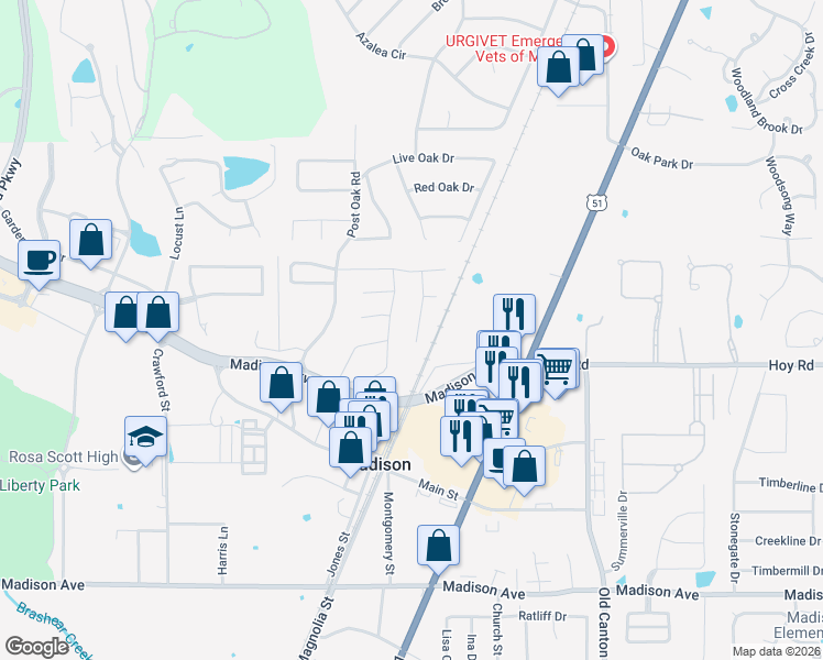 map of restaurants, bars, coffee shops, grocery stores, and more near 225 Maplewood Drive in Madison
