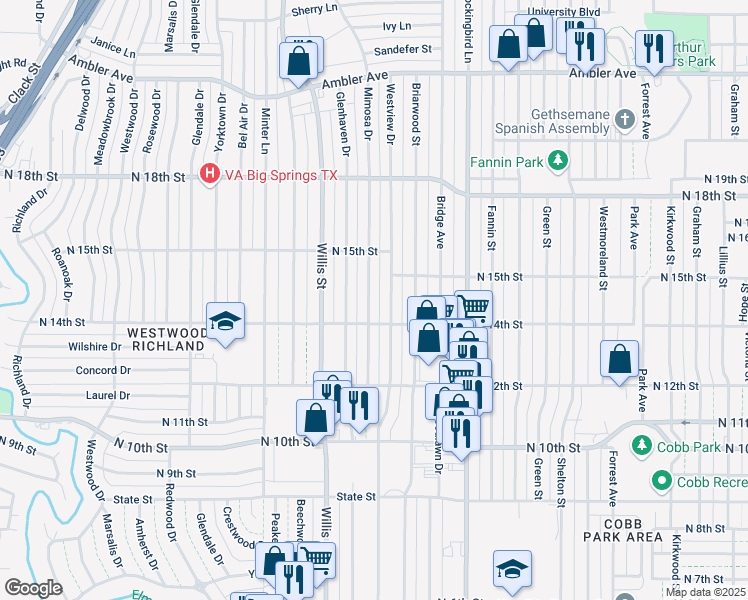 map of restaurants, bars, coffee shops, grocery stores, and more near 1425 Mimosa Drive in Abilene