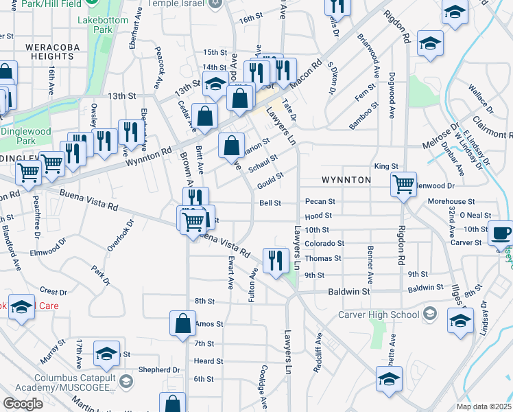 map of restaurants, bars, coffee shops, grocery stores, and more near 2400 Bell Street in Columbus