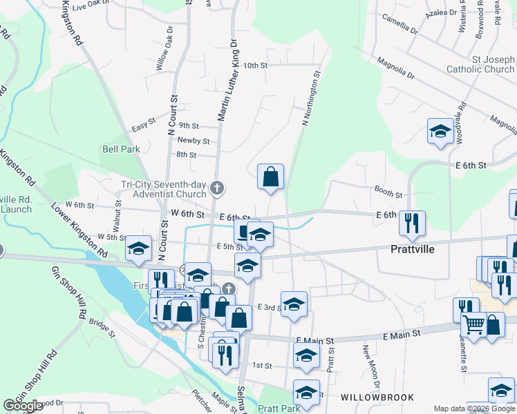 map of restaurants, bars, coffee shops, grocery stores, and more near 169 East 6th Street in Prattville