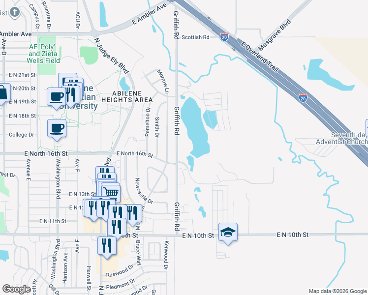map of restaurants, bars, coffee shops, grocery stores, and more near 1633 Griffith Road in Abilene