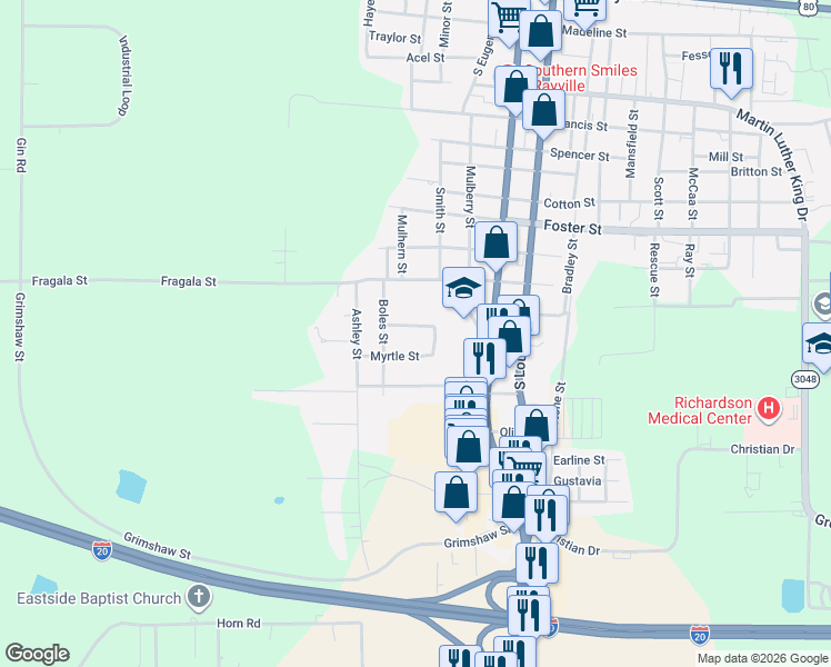 map of restaurants, bars, coffee shops, grocery stores, and more near 102 Myrtle Street in Rayville