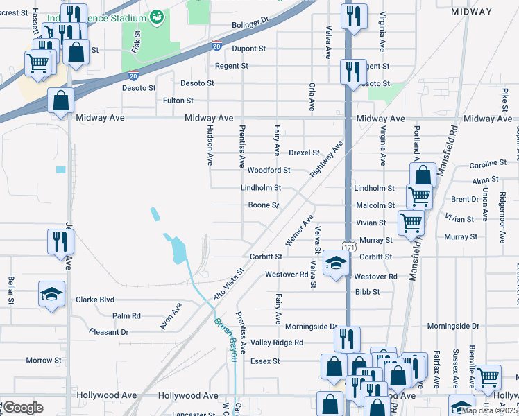 map of restaurants, bars, coffee shops, grocery stores, and more near 3015 Boone Street in Shreveport