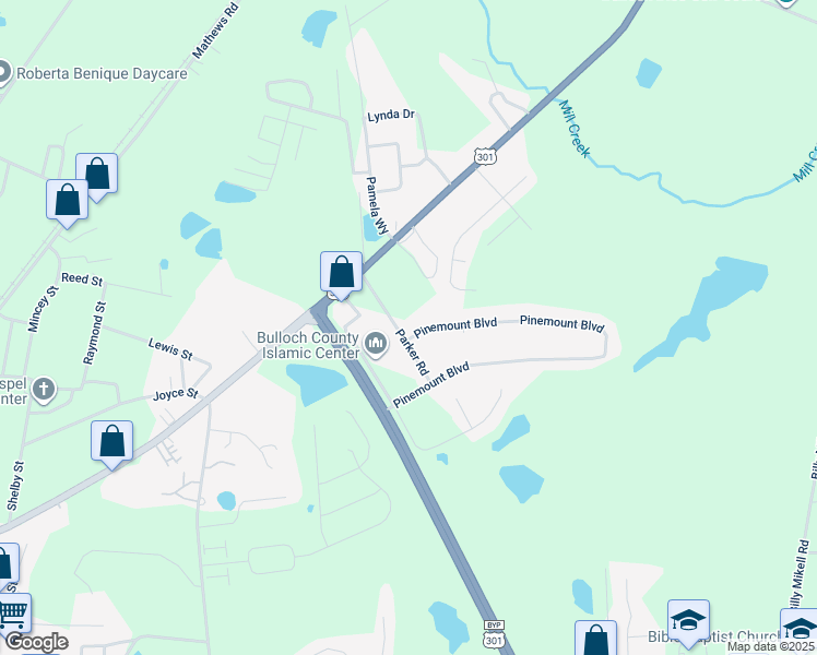 map of restaurants, bars, coffee shops, grocery stores, and more near 1907 Parker Road in Statesboro