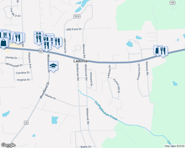 map of restaurants, bars, coffee shops, grocery stores, and more near 13 Whiterock Road in Phenix City