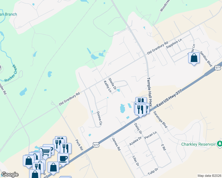 map of restaurants, bars, coffee shops, grocery stores, and more near 306 Kathy Lane in Granbury