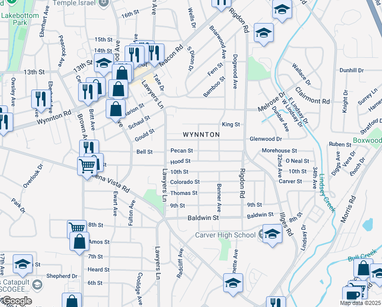 map of restaurants, bars, coffee shops, grocery stores, and more near 2728 Pecan Street in Columbus