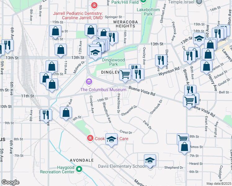 map of restaurants, bars, coffee shops, grocery stores, and more near 1003 Peachtree Drive in Columbus