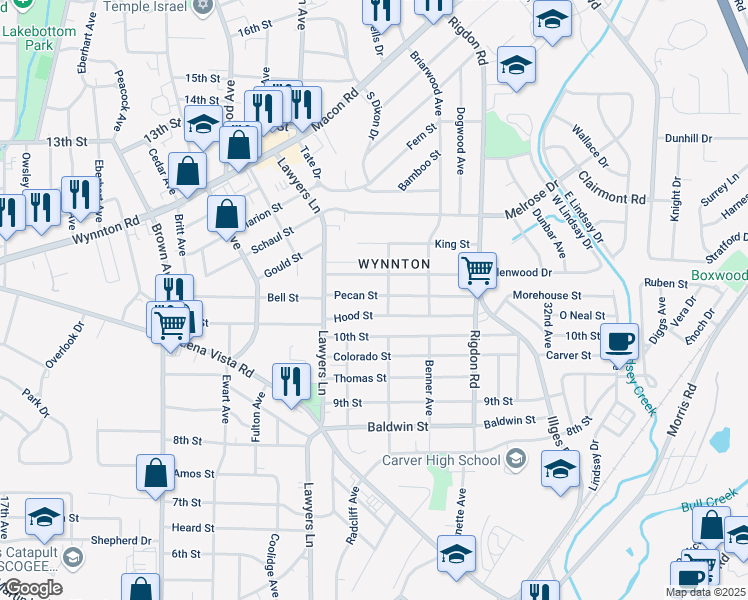 map of restaurants, bars, coffee shops, grocery stores, and more near 2728 Pecan Street in Columbus