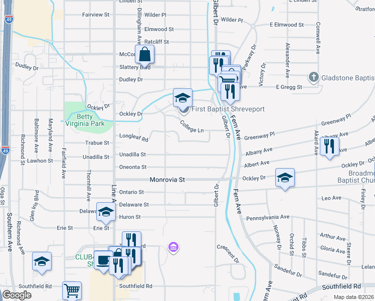 map of restaurants, bars, coffee shops, grocery stores, and more near 528 Unadilla Street in Shreveport