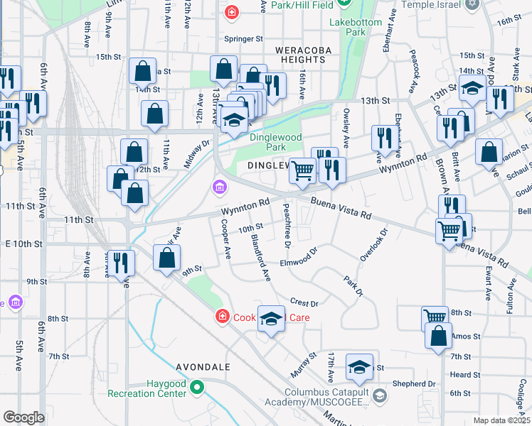 map of restaurants, bars, coffee shops, grocery stores, and more near 1420 Wynnton Road in Columbus