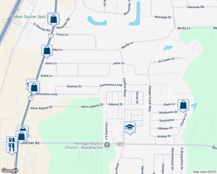 map of restaurants, bars, coffee shops, grocery stores, and more near 101 Windermere Street in Waxahachie