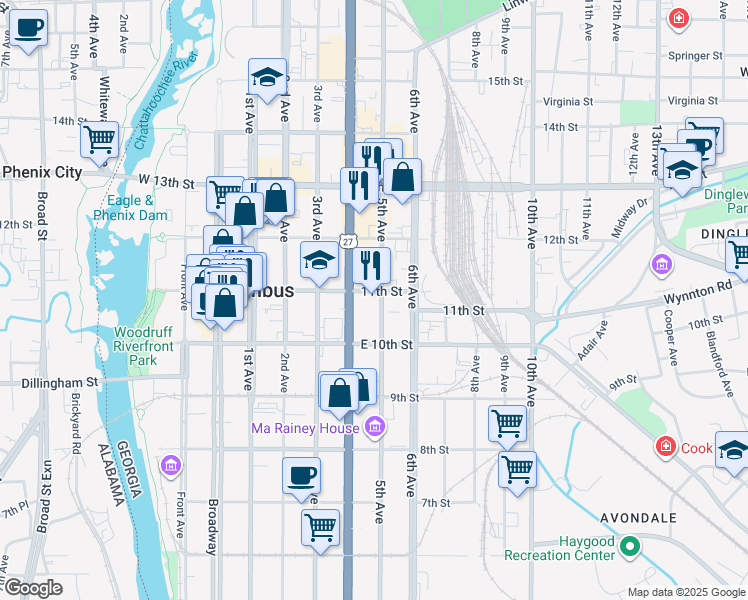map of restaurants, bars, coffee shops, grocery stores, and more near in Columbus