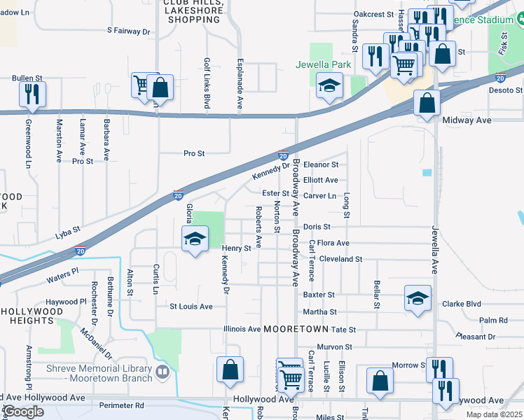 map of restaurants, bars, coffee shops, grocery stores, and more near 4206 Jacob Street in Shreveport
