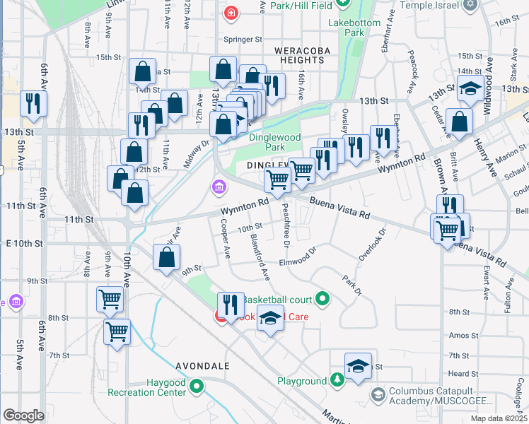 map of restaurants, bars, coffee shops, grocery stores, and more near 1420 Wynnton Road in Columbus