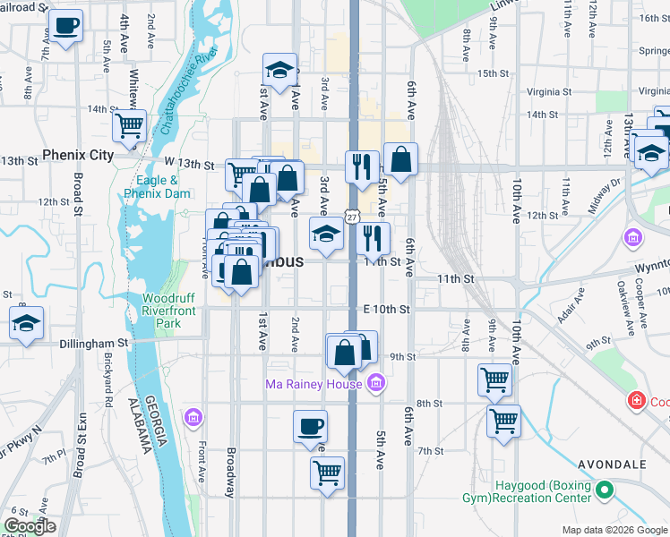 map of restaurants, bars, coffee shops, grocery stores, and more near 300 11th Street in Columbus