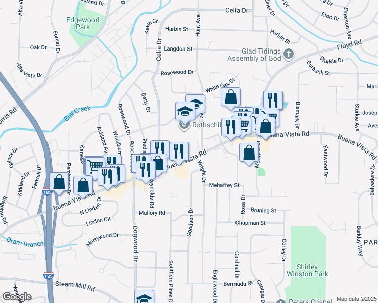 map of restaurants, bars, coffee shops, grocery stores, and more near 4505 Buena Vista Road in Columbus