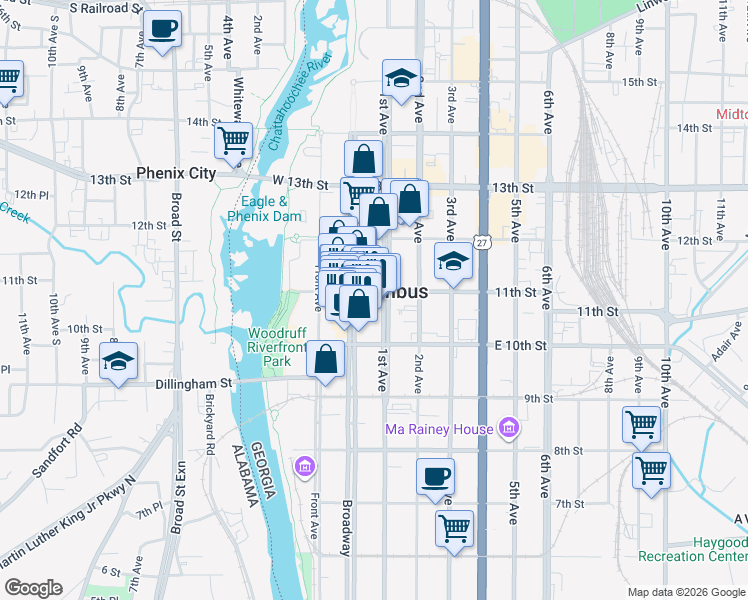 map of restaurants, bars, coffee shops, grocery stores, and more near 18 West 11th Street in Columbus