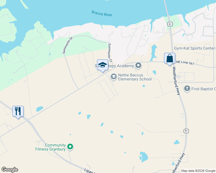 map of restaurants, bars, coffee shops, grocery stores, and more near 1125 Belhaven Street in Granbury