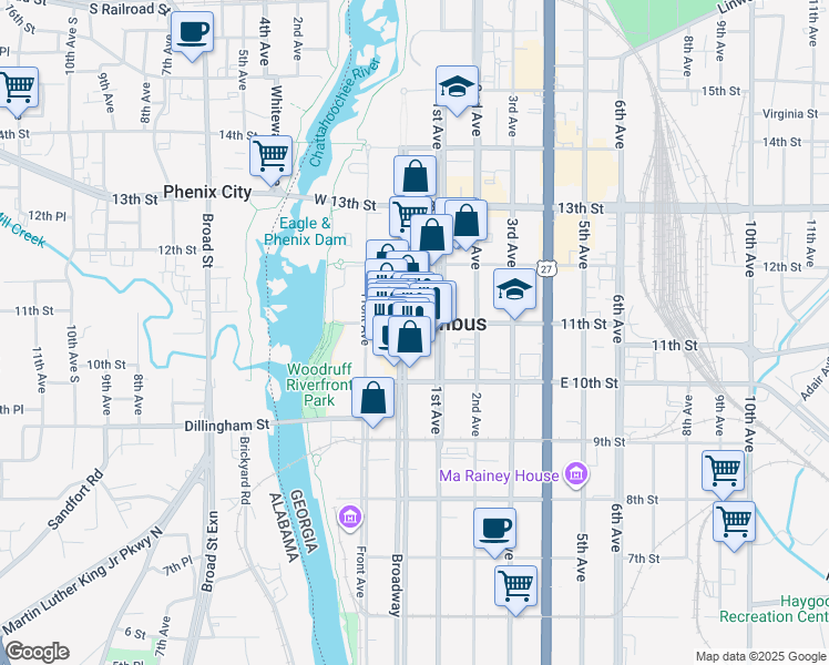 map of restaurants, bars, coffee shops, grocery stores, and more near 1048 Broadway in Columbus