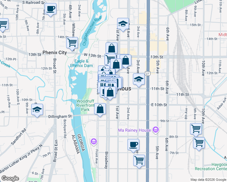 map of restaurants, bars, coffee shops, grocery stores, and more near 14 West 11th Street in Columbus