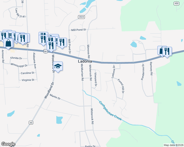 map of restaurants, bars, coffee shops, grocery stores, and more near 14 Whiterock Road in Phenix City